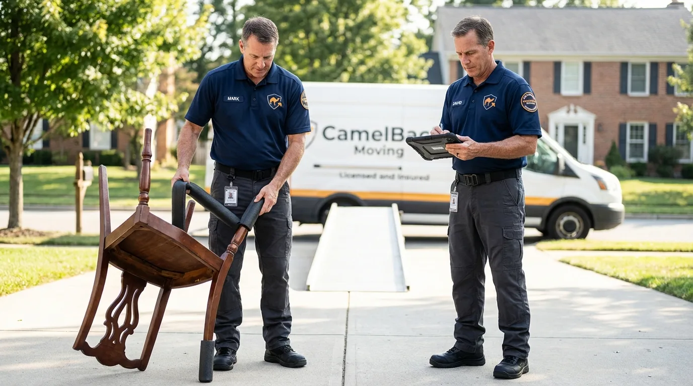 Movers inspecting furniture for damage prevention before loading in Fond du Lac, WI