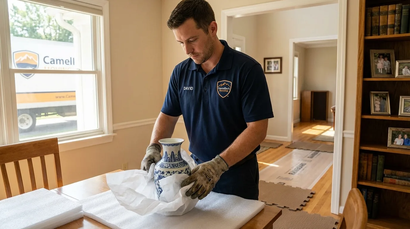 Professional crew carefully wrapping antique vase for senior downsizing move in Fond du Lac, WI